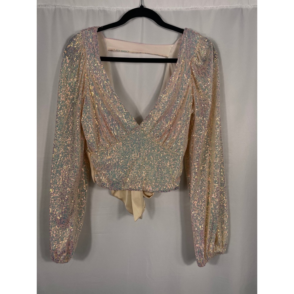 Willow + Root Iridescent Sequin Crop Top Long Puff Sleeve Back Tie Blouse Womens